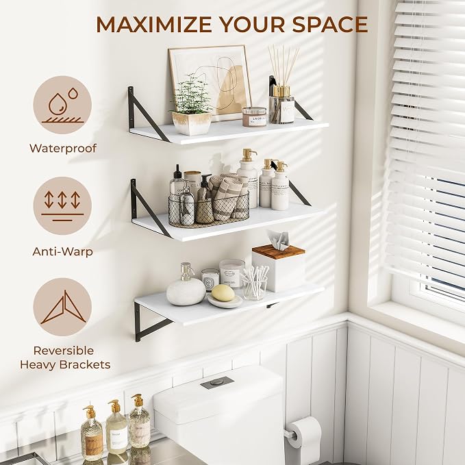 Heimlove 24" W x 12" D Wall Shelves for Books, 12 Inch Deep Floating Shelves Set of 3, Wide Floating Bookshelf with Metal Bracket for Living Room, Kitchen, Office, Bedroom and Decor Storage - White - Image 4
