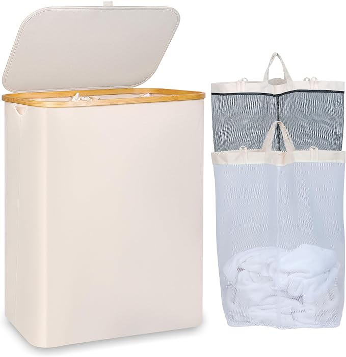 iEGrow 150L Laundry Basket with Lid, Large Laundry Hamper with Bamboo Handle, Collapsible Dirty Clothes Hamper Organizer with 2 Removable Inner Bags for Clothes Toys Towels - Beige by iEGrow