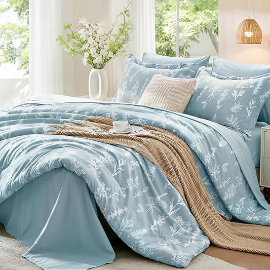 MUXHOMO Mineral Blue Bed in a Bag King 7 Pieces, King Comforter Set Reversible Botanical Flowers Design, Ultra Soft & Breathable Bedding Sets with Comforter, Sheets, Pillowcases & Shams