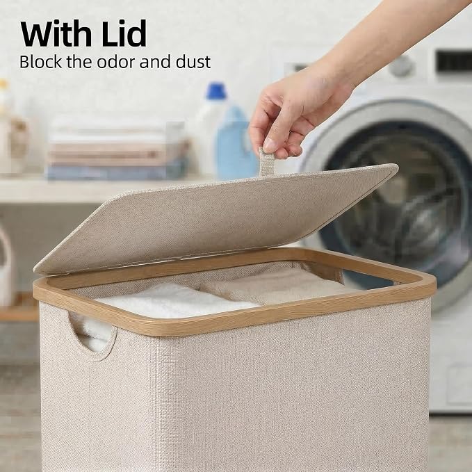 efluky 26 Gal Laundry Basket with Lid and Net Bag, Tall Laundry Hamper with Bamboo Handles, Aesthetic Dirty Clothes Bin for Laundry Room, Bathroom, Bedroom and Dorm, Oatmeal - Image 4