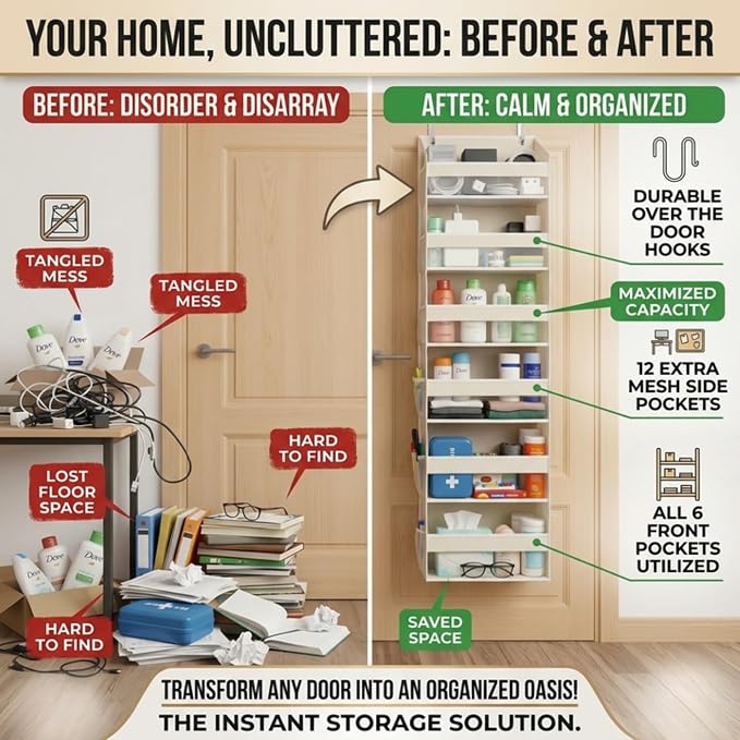 HOMELUX THEORY UPGRADED 6 Tiers Over The Door Organizer Hanging - 100D EXTRA THICK & 50lbs HUGE CAPACITY, 12 Side Mesh Pockets Over The Door Shoe Organizer, Hanging Closet Organizer (Ivory, 2pc) - Image 8