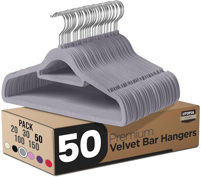 Utopia Home Premium Velvet Hangers 50 Pack - Non-Slip Clothes Hangers with Tie Bar - Grey Hangers - Standard Hangers with 360 Degree Rotatable Hook - Heavy Duty Coat Hangers by UTOPIAHOME