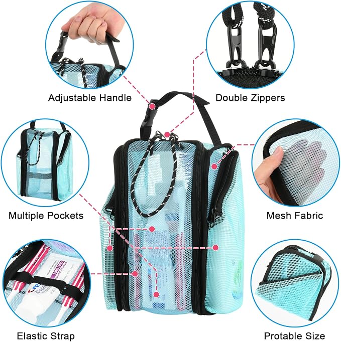Cosmos Mesh Shower Caddy Toiletry Organizer Hanging Shower Tote Bag, Quick Dry Shower Organizer Portable Bath Bag with Durable Zippers & Side Pockets for Travel Gym Swimming Beach & Camp (Aqua Blue) - Image 4