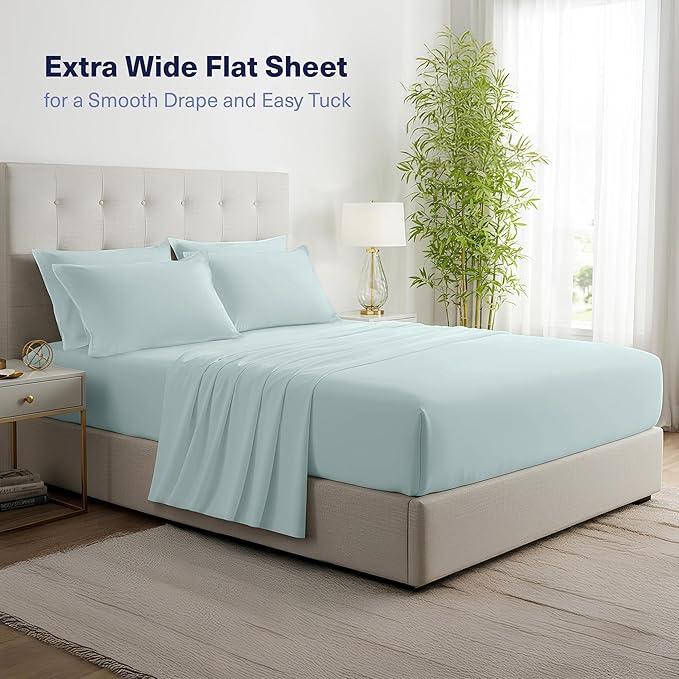 Kickoff Viscose Bamboo Sheets Short Queen Size 4-pc 100% Organic Bamboo Viscose Bed Cooling Sheets Short Queen Size Set Cool Bedding for hot sleepers sheet, Flat, Fitted, Pillowcases (Coastal Blue,SQ)