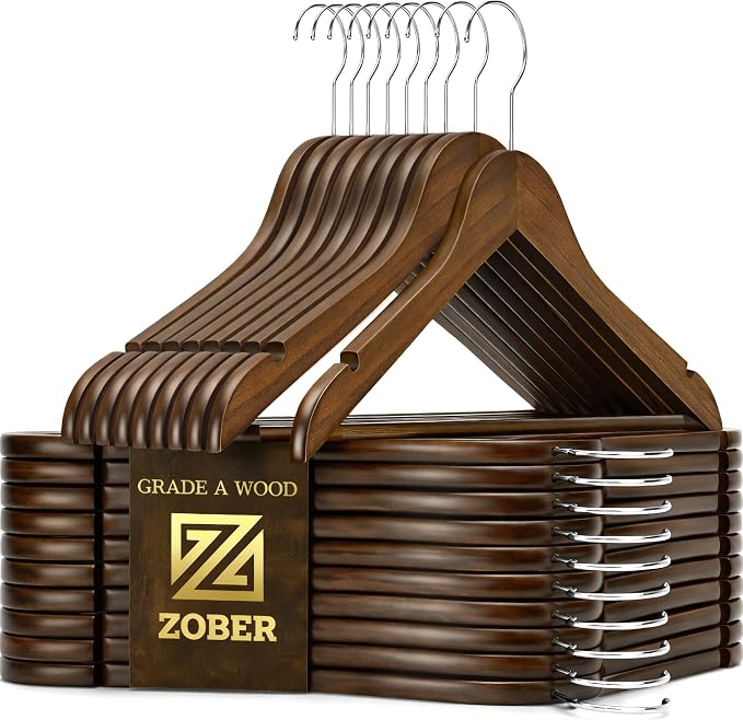 ZOBER Wooden Hangers - Heavy Duty, Non Slip Wood Hangers for Coats, Jackets, Suits, & Pants - Coat Hangers for Closet W/Bar and Notches 20 Pack by ZOBER
