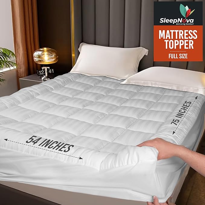 SLEEPNOVA's Cooling Mattress Topper Full – 100% Cotton Pillow Top That Keeps You Cool, Relieves Back Pain & Adds Cloud-Like Comfort with Deep Pocket Fit (8”-21”), Soft & Machine Washable