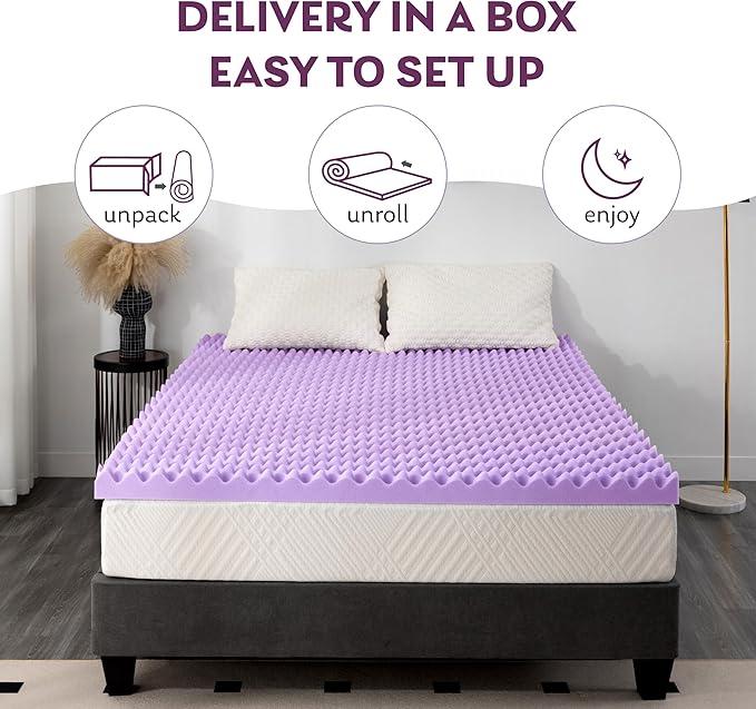 2 Inch Egg Crate Twin Memory Foam Mattress Topper, Lavender Scent Gel Infused Foam Mattress Topper for Pressure Relief, CertiPUR-US Certified Twin Bed Topper, Purple, 38"×75"