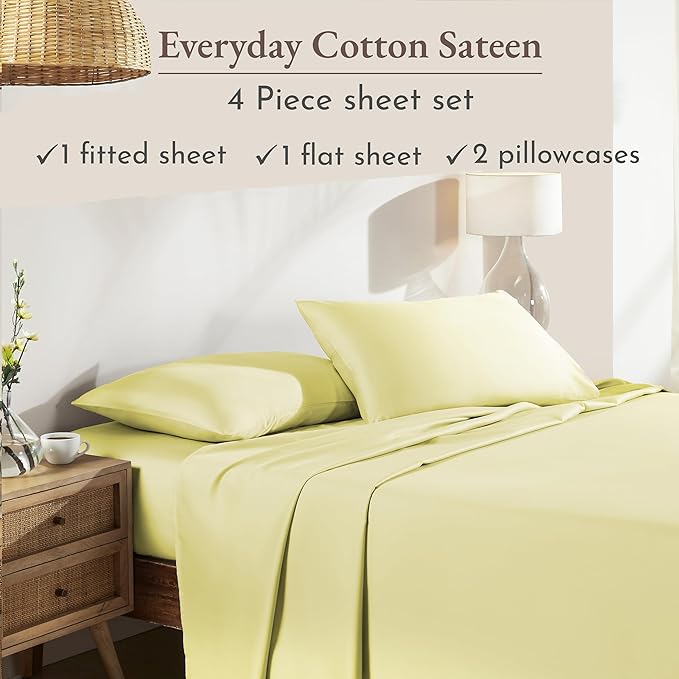 California Design Den King Sheets Set - Natural 100% Cotton Sheets King Size with Deep Pockets, Soft Sateen Weave, Breathable and Durable Bedding Set (Buttery Yellow)
