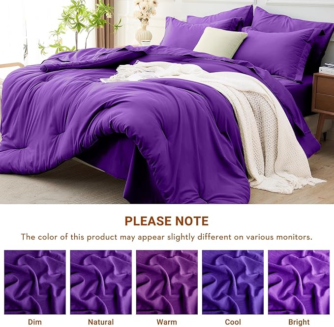 MUXHOMO 7 Pieces King Comforter Set, Soft Bed in a Bag King Size, All Season Bedding Set with Comforter, Flat Sheet, Fitted Sheet, Pillowcases & Shams, Purple