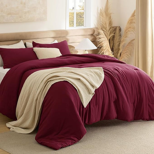 Bedsure California King Comforter Set, Dark Red Soft Prewashed Bedding for All Seasons, 3 Pieces GentleSoft™ Bed Set, 1 Lightweight Comforter (104"x96") and 2 Pillowcases (20"x36")