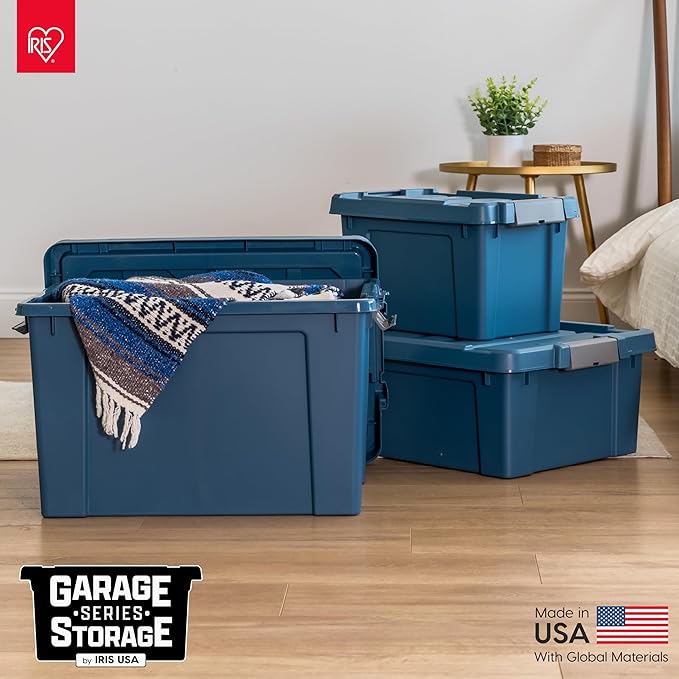 IRIS USA 20 Gallon Eco-Friendly Lockable Storage Bins with Lids, 4 Pack - Made in USA, Heavy Duty, Stackable Containers, Garage Organizing Bins Moving Tubs, Rugged Sturdy Equipment Utility Box - Navy - Image 7
