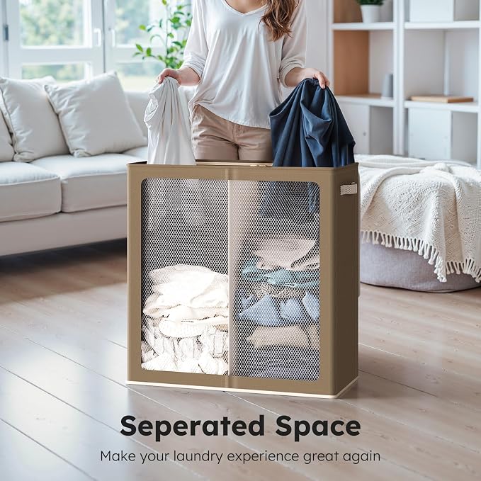 SOLEDI Large Double Laundry Hamper with Lid, Collapsible Clothes Hamper 2 section with Removable Bags, Space-Saving Laundry Basket for Bedroom, Dorm, College - Image 4