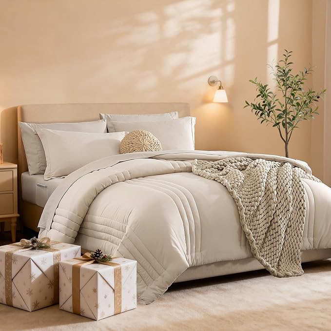 Monbix Queen Comforter Set - 7 Pieces Beige Bed in a Bag Queen Bedding Sets with Comforters, All Seasons Comforter Bed Set with Sheets, Pillowcases & Shams