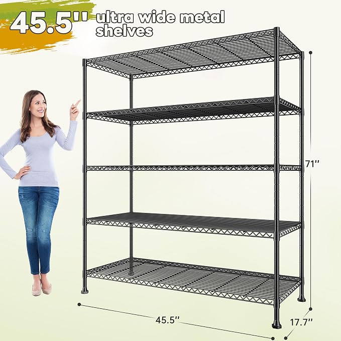 REIBII 45.5''W Storage Shelves Wire Shelving, 5 Tier Pantry Shelves for Storage Rack, Adjustable Metal Shelving for Pantry Kitchen Steel Shelving, 45.5" W x 71" H x 17.7" D, 2 Pack - Image 3