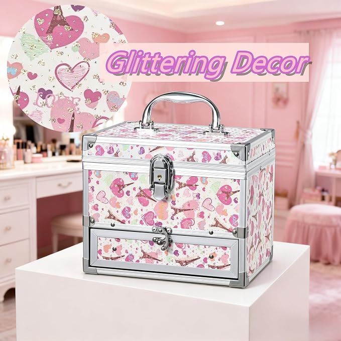 Hododou Girls Jewelry Box Organizer with Drawer & Mirror, Shiny Pink Style Lockable Storage Case for Kid or Little Girls Jewelry and Hair Accessories Pink Tower - Image 3