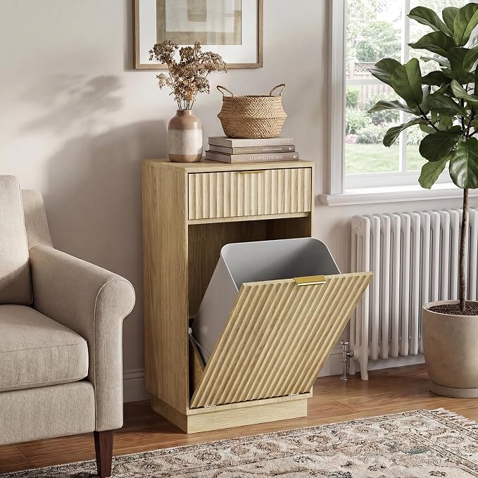 Tilt-Out Trash Cabinet with 10-Gallon Capacity, Walnut Laundry Hamper Cabinet, 34.3 x 19 x 13.8 inches, Wave-Textured Front. - Image 2