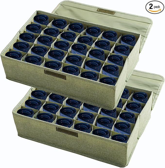 AARAINBOW 2 Packs Underwear Socks Ties Storage Organizer with Lids Foldable Closet Drawer Organizer 60 Cells, Fabric Drawer Wardrobe Divider Storage Boxes for Scarves and Lingerie (30 Cell, 2 Green) by AARAINBOW