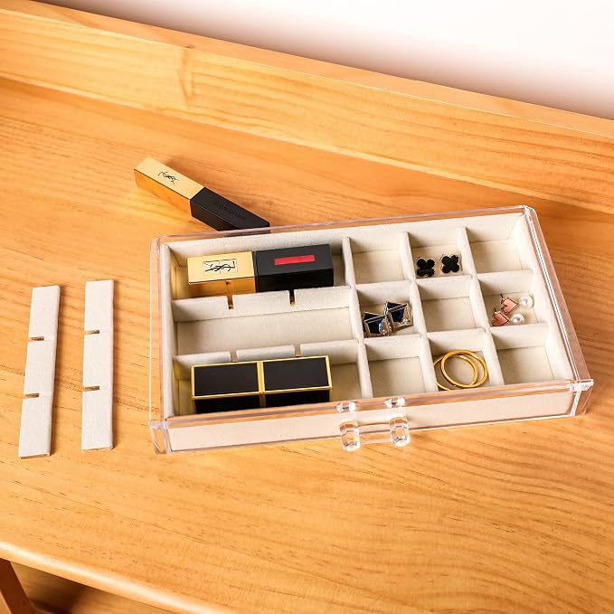Frebeauty Acrylic Jewelry Organizer Earring Organizer Box with 5 Drawers Earring Holder Organizer with Velvet Trays Clear Jewelry Box for Women Earring Display for Rings Studs(Beige) - Image 6