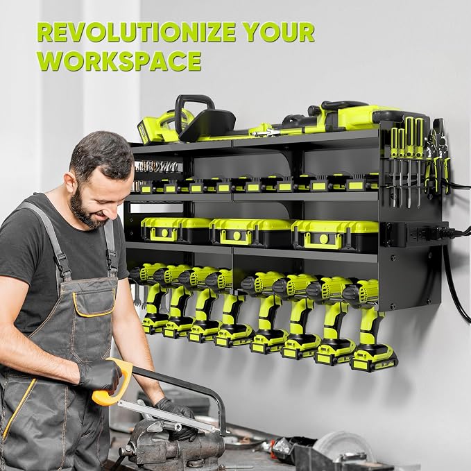 POKIPO Large Power Tool Organizer Wall Mount with Charging Station,4 Layer Heavy Duty Metal Tool Storage Rack Loads 600lbs with 8 Cordless Drill Holder,Battery Utility Rack Loads with 4 Power Strip - Image 5
