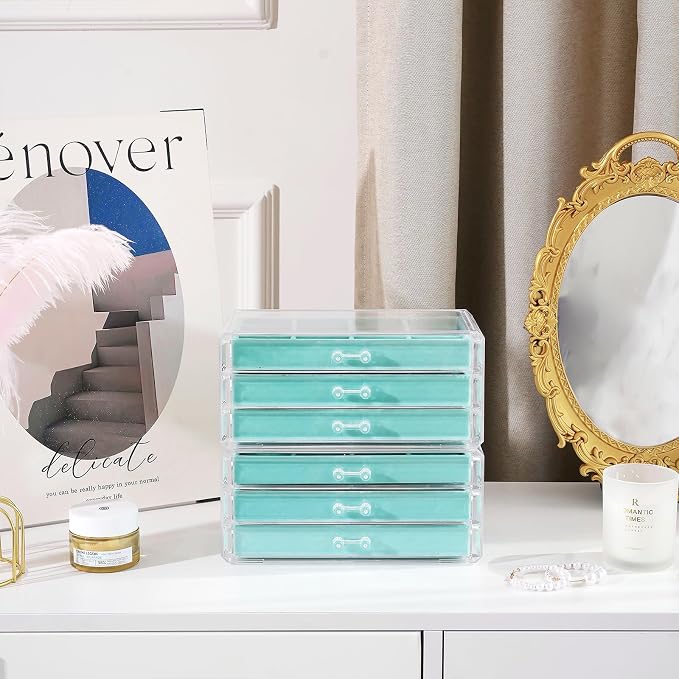 Lolalet Earring Holder Organizer Box Jewelry Storage with 6 Drawers, Clear Acrylic Stackable Earring Case with Adjustable Velvet Trays for Women on Dresser Vanity -Aqua, 6 Layers - Image 4