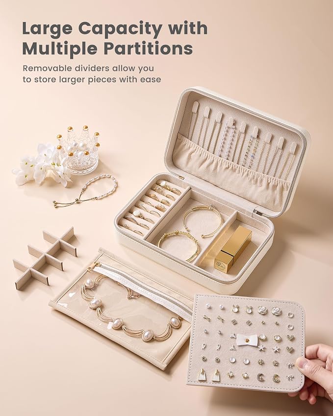 Lolalet Travel Jewelry Case for Women Girls, PU Leather Jewelry Organizer with Clear Storage Bag Small Portable Jewelry Box for Necklace Bracelet Earring Ring Mothers Day Birthday Gifts -Large/Beige - Image 4
