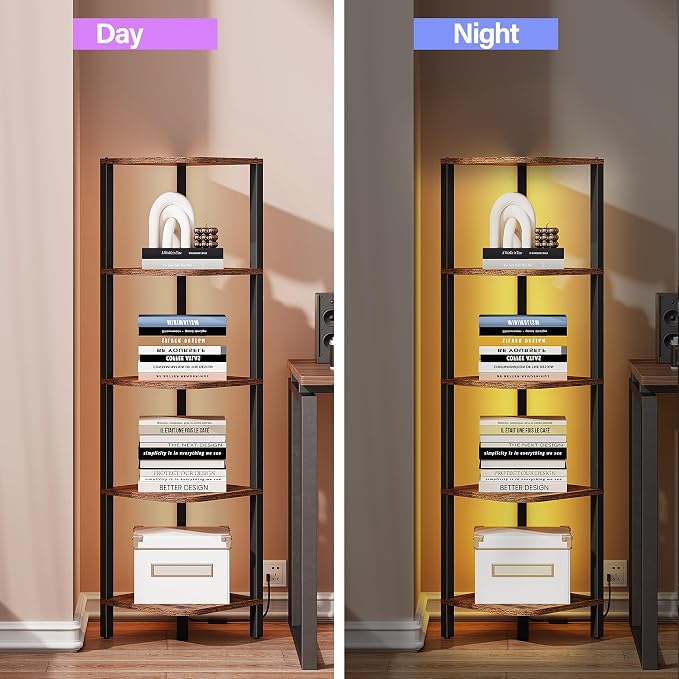TUTOTAK Corner Shelf with LED Light, 5-Tier Corner Bookshelf for Small Space, Narrow Display Corner Shelf Stand with Storage Rack, for Living Room, Bedroom, Rustic Brown BS08BB005L - Image 4