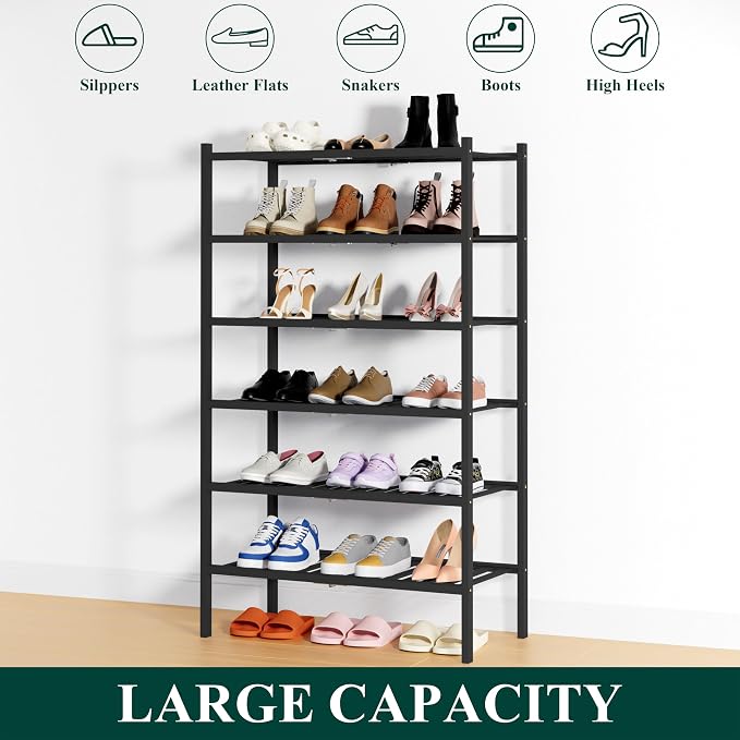 Smiry Shoe Rack, 6 Tier Thick Bamboo Shoe Organizer, Stackable Free Standing Wooden Shoe Storage Shelf for Closet, Entryway, Front Door Entrance, Black - Image 6