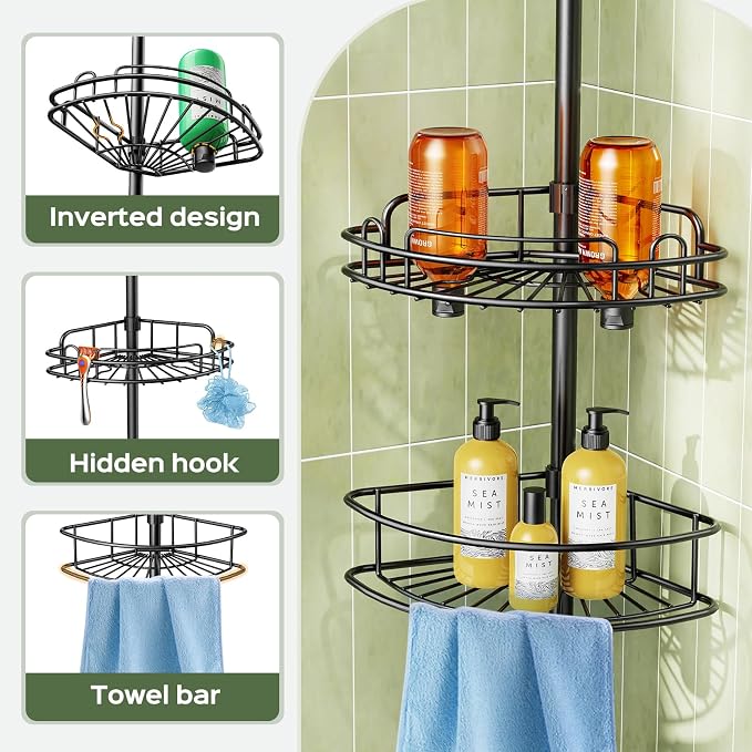 HAMITOR Corner Shower Caddy Tension Pole: 4-Tier Rust-Resistant Adjustable Bathroom Organizer Shelves - 47-121 Inch No-Drill Quick Installation - Space-Saving Storage for Renters Families - Black - Image 5