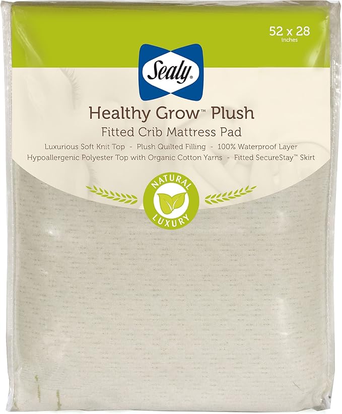 Sealy Baby Healthy Grow Plush Fitted Waterproof Infant Crib Mattress Protector Pad and Toddler Bed Cover, Organic Cotton and PolyBlend Top, Machine Washable and Dryer Friendly, 52” x 28”- White