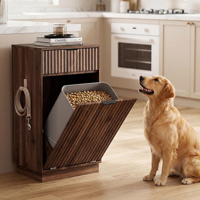 Tilt-Out Trash Cabinet with 10-Gallon Capacity, Walnut Laundry Hamper Cabinet, 34.3 x 19 x 13.8 inches, Wave-Textured Front. - Image 2