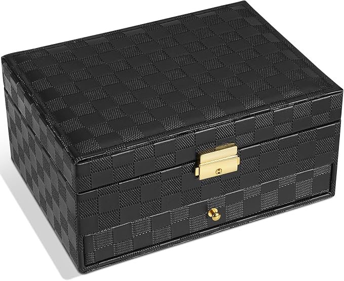 GUOER Jewelry Box for Women Girl Wife - Large PU Leather Jewelry Organizer Storage Case with Two Layers Display for Earrings Bracelets Rings Watches (Checkered Black) by GUOER
