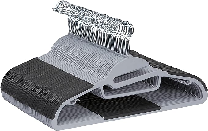 Amazon Basics Space Saving Non-Slip Rubber Coated Plastic Hangers with 360° Swivel Hook, Thin, Gray, Pack of 50 by AmazonBasics