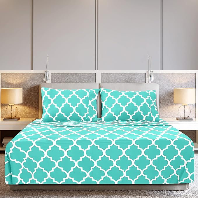 Utopia Bedding Queen Sheet Set, Soft Microfiber 4 Piece Bed Sheets with 15" Deep Pocket - Easy Care Brushed Microfiber (Quatrefoil - Aqua)