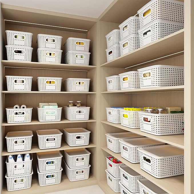 ORGIDOL Plastic Storage Basket with Lids 12 Pack Stackable Storage Bins Containers with Lid, Decorative Storage Boxes for Organizing Shelves, Drawers, Playroom, Classroom, Office, Closet, White - Image 3