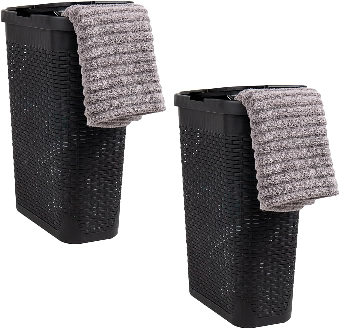Mind Reader Slim Laundry Hamper with Lid, 40L Clothes Basket, Narrow Tapered Design with Ventilated Cutout Pattern, Plastic, Set of 2, Black by MindReader