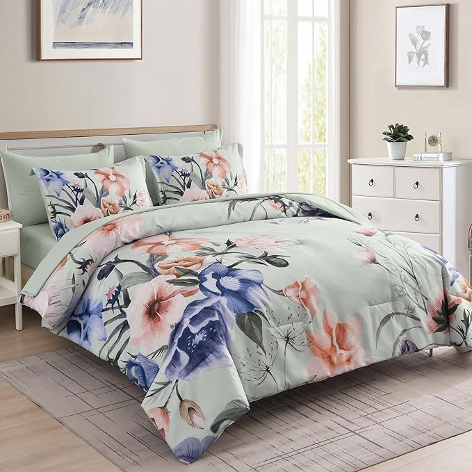 Luxudecor Floral Comforter Set Queen Size 7 Piece, Green Flower Bed in a Bag, Elegant Floral Comforter with Sheet Set, Soft Microfiber Bedding Set for All Season (Green, 90"x90")