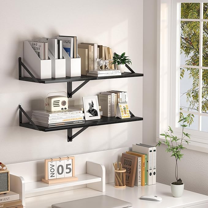 Heimlove Black Deep Floating Shelves for Wall, 16W x 12D Wood Wall Shelves Set of 2, Wide Floating Bookshelf for Living Room, Kitchen, Office, Bedroom and Decor Storage, with Metal Bracket - Black - Image 5