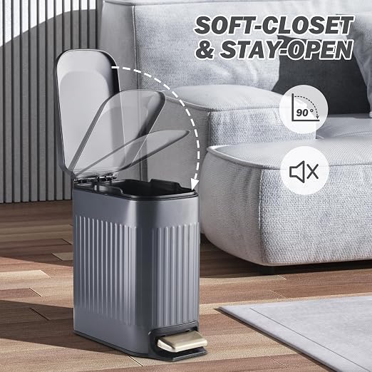 SYNCVIBE Slim Bathroom Trash Can with Lid Soft Close, Stainless Steel Garbage Can Step Trash Bin with Removable Inner Bucket for Bedroom, Office, Kitchen (Matt Grey, 1.8 Gallons) - Image 5