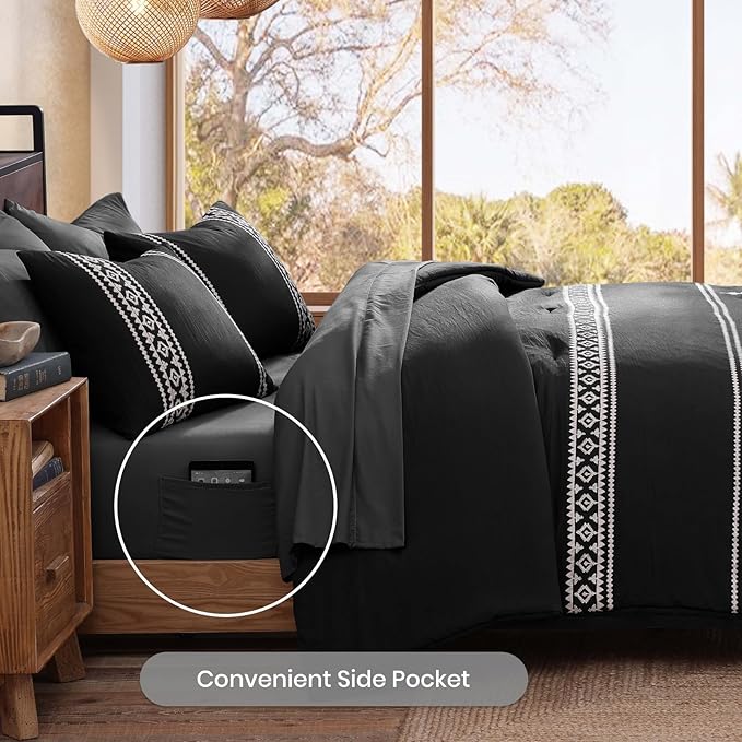 MaiRêve Embroidery Comforter Set, Boho Farmhouse Western Bedding Set, All Season Bed in A Bag Comforter Set with Sheets, Pillowcases & Shams, Black King 7 Pieces