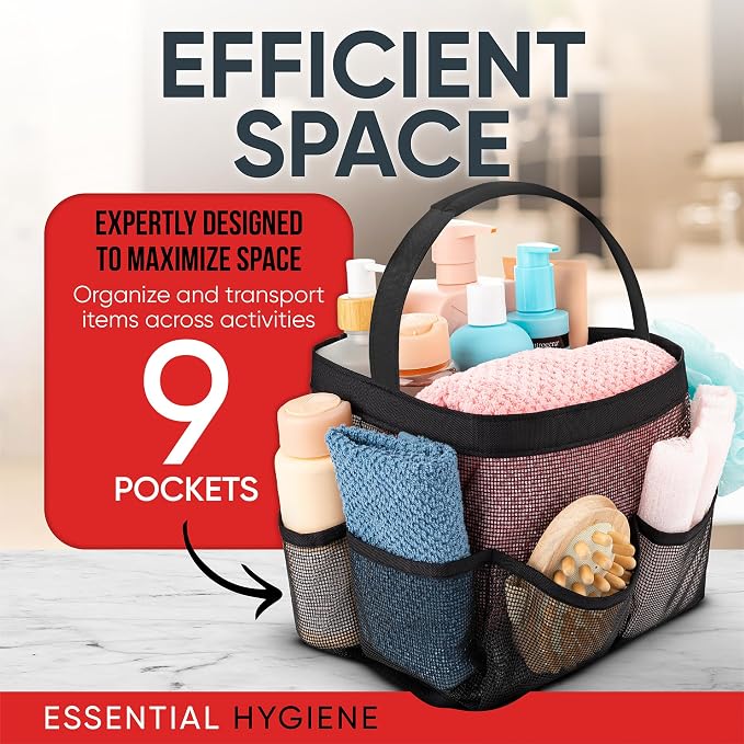 Masirs Shower Caddy Mesh - 9 Pocket Portable Bathroom Organizer Tote for Travel, Gym & Dorm - Collapsible Small Shower Caddy Bag to Hold Toiletries & Essentials (Black) - Image 5
