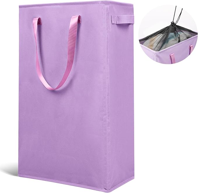 Odonata Slim Laundry Hamper Handles Collapsible Laundry Basket Thin Dirty Clothes Basket Narrow Laundry Bag Foldable Dirty Hamper 45L (Light Purple) by Odonata
