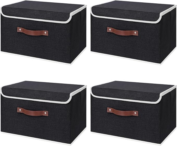 ANMINY 4PCS Storage Bin with Lid Storage Boxes with PU Leather Handles PP Plastic Board Decorative Foldable Lidded Cotton Linen Fabric Home Cubes Baskets Closet Organizer Container - Black, Medium by ANMINY