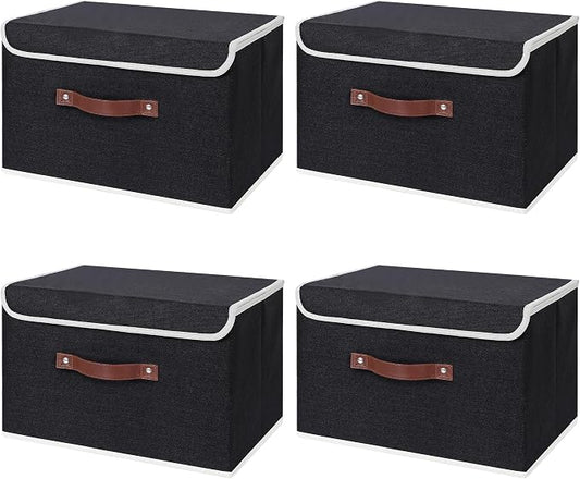 ANMINY 4PCS Storage Bins with Lid PU Leather Handles Storage Boxes PP Plastic Board Decorative Foldable Lidded Cotton Linen Fabric Home Cubes Baskets Closet Organizer Containers - Black, Large Size by ANMINY