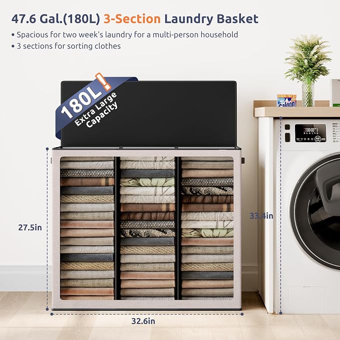 SOLEDI 180L 3-Section Laundry Hamper with Lid, Extra Large Dirty Clothes Basket with Sturdy Handles for Laundry Room & Bedroom - Durable Organizer for Sorting Laundry - Image 2