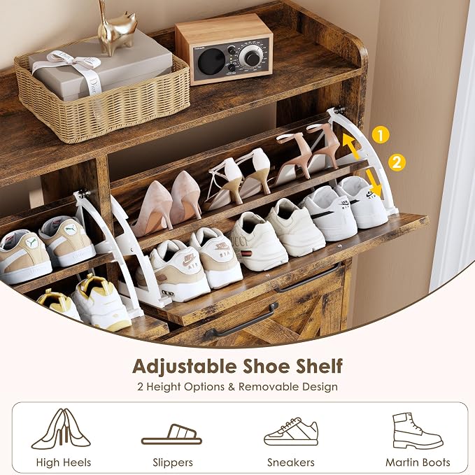 Nicetree Shoe Cabinet Storage for Entryway, Freestanding Shoe Storage Cabinet, Farmhouse Narrow Shoe Rack Cabinet for Entryway, Foyer, Hallway, Shoe Cabinet 4 Flip Drawers, Rustic Brown - Image 8
