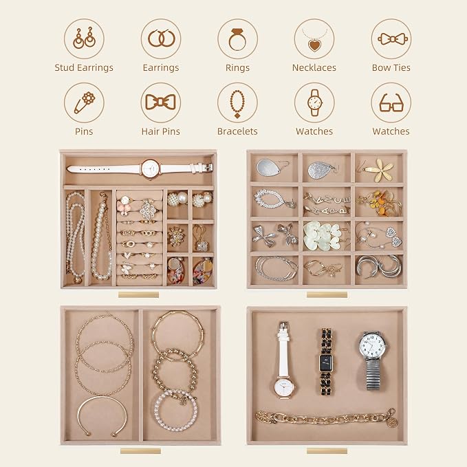 Somduy Jewelry Box Organizer for Women,4 Layers Jewelry Storage Display Box with Glass Lid,Gift for Christmas,3 Drawers,Large Capacity for Necklace Earrings Bracelets Rings,White - Image 6