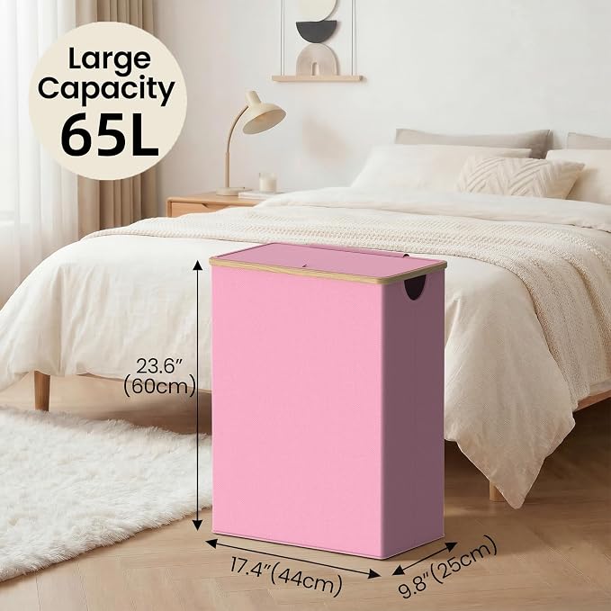 efluky Slim Laundry Basket with Lid, Narrow Laundry Hamper with Removable Bag, Skinny Dirty Clothes Basket with Bamboo Handles for Bathroom, Bedroom & Laundry Room, 65L Pink - Image 8