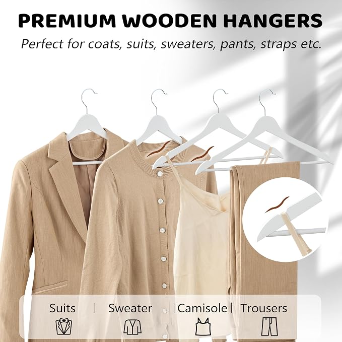 Edergoo Wooden Hangers 20 Pack, Smooth Wood Hangers with 360° Swivel Hook & Notches, Slim Coat Hanger Wooden for Closet, White - Image 8