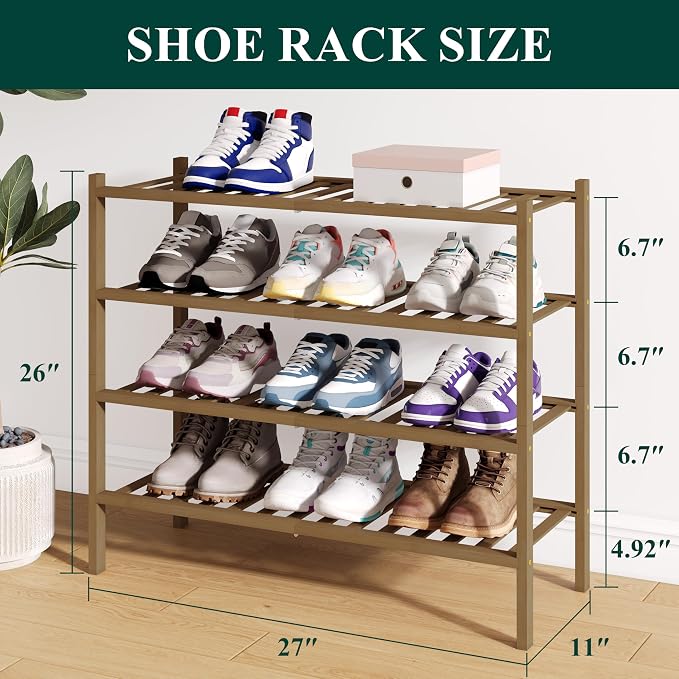 Smiry Bamboo Shoe Rack for Closet, 4 Tier Wooden Stackable Shoe Organizer, Free Standing Shoes Storage Shelf for Entryway, Front Door Entrance, Walnut - Image 2