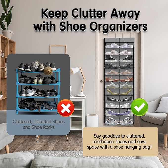 Kotkn Over The Door Shoe Organizer with 12 Large Breathable Pockets - Durable Hanging Storage for the Entire Family's Shoes (Gray) - Image 6